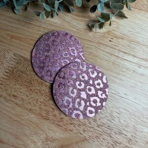 NIP Pink Leopard Print Glitter Metallic Car Coasters Set of 2